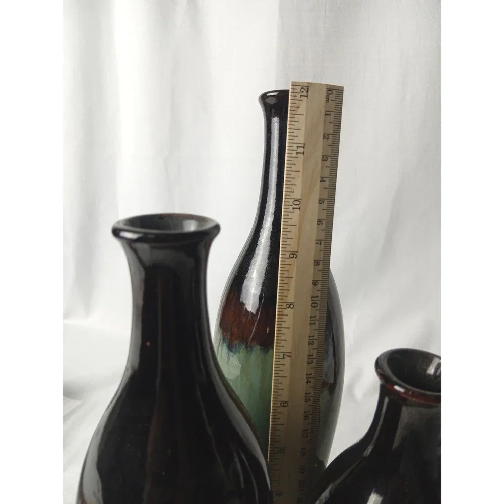 Apropos Home Collection Set of 3 Drip Glaze Vases with Tray Green Black Pottery